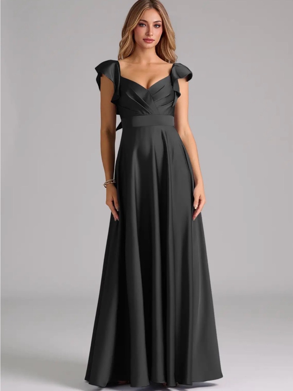 Azazie Black A-Line V-Neck Bridesmaid Satin Dress with Cap Sleeves